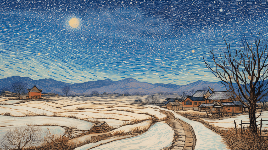 夜晚山间村庄田野风景油画肌理插画