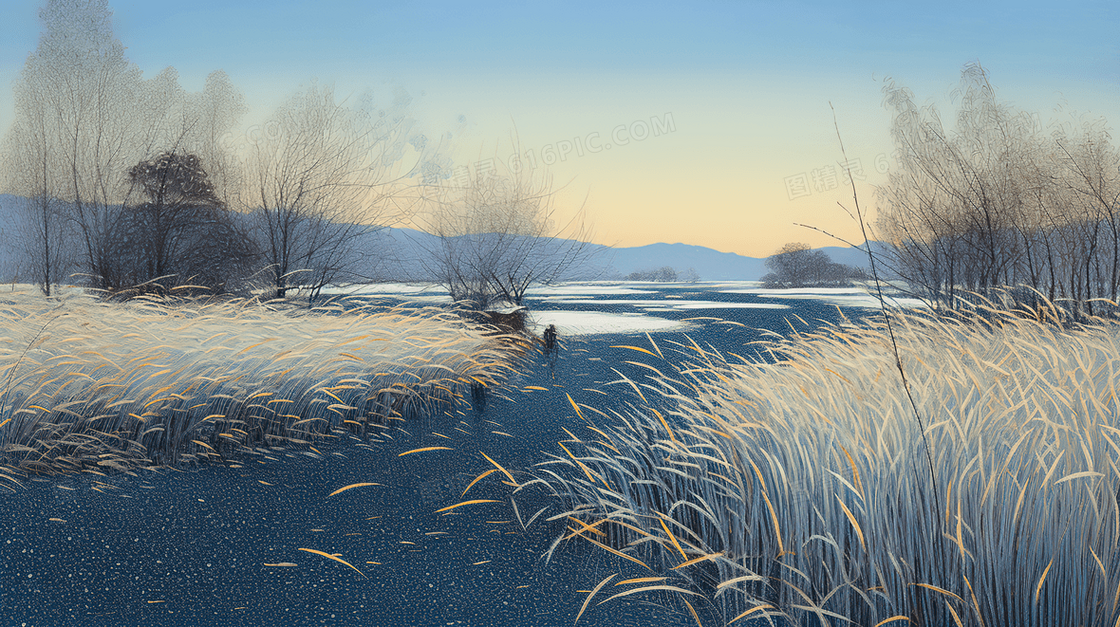 湿地湖中的芦苇地风景插画