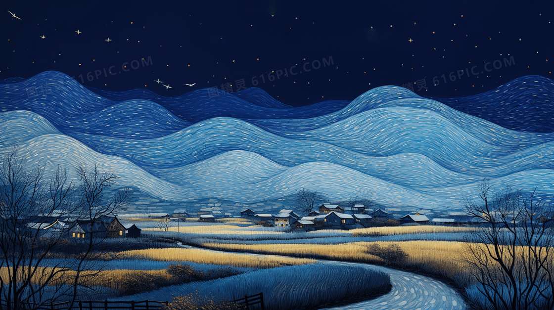 夜晚山间村庄田野风景油画肌理插画