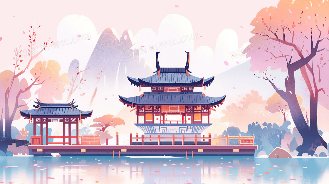 中国风湖中楼阁建筑唯美风景插画