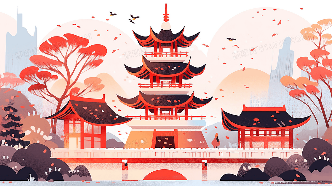 山边的中式阁楼插画