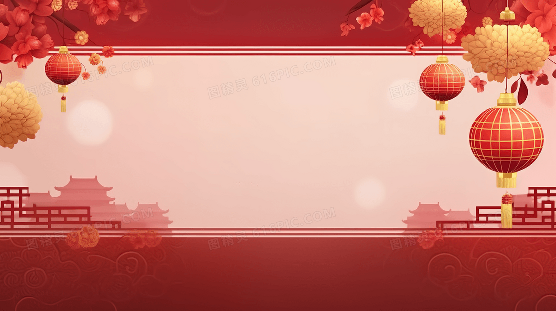 迎春节红色古建筑灯笼展示框插画