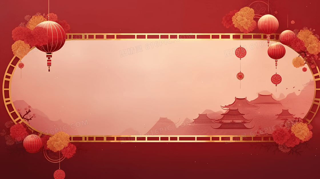 迎春节红色古建筑灯笼展示框插画