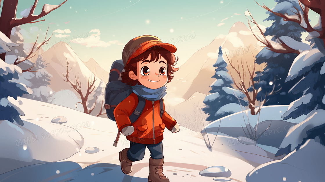 卡通男孩冬天在雪地散步行走场景插画