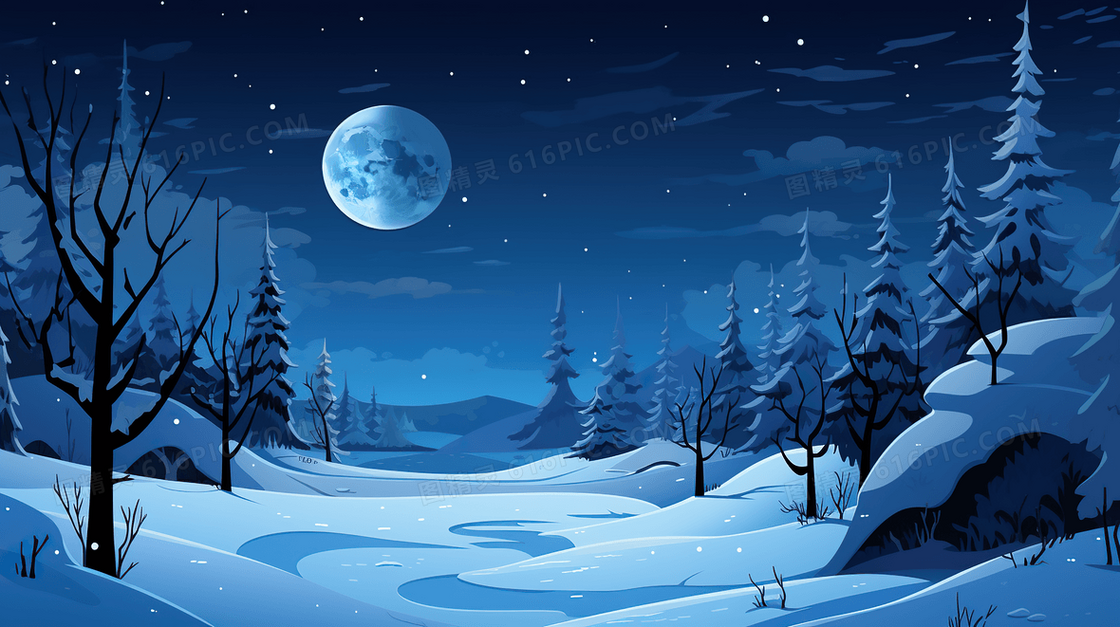 唯美冬季雪天雪地雪景插画