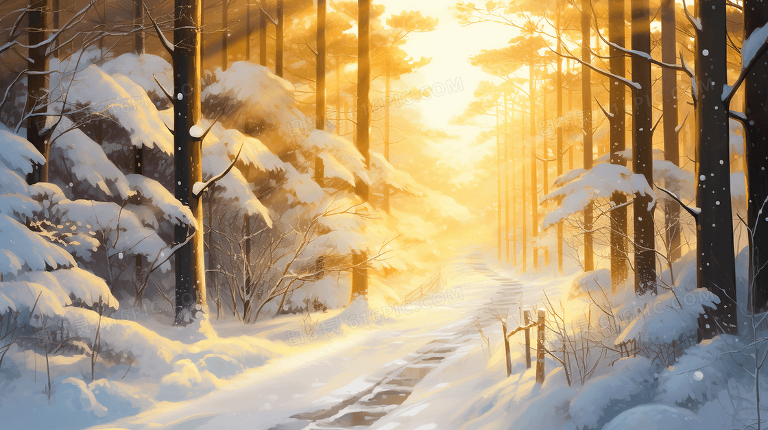 唯美冬季雪天雪地雪景插画