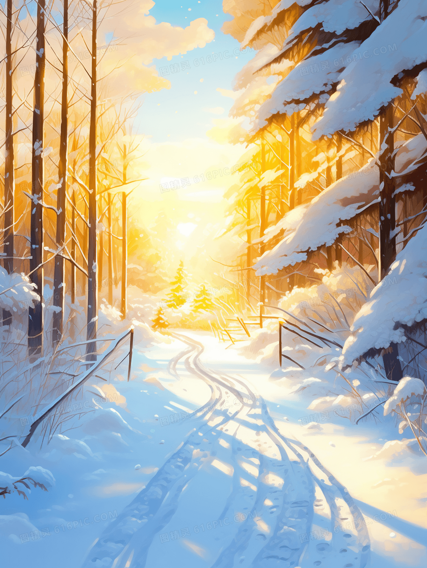 唯美冬季雪天雪地雪景插画