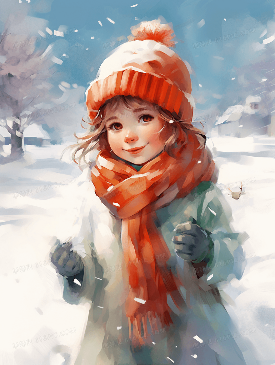 卡通女孩冬天在雪地中场景插画