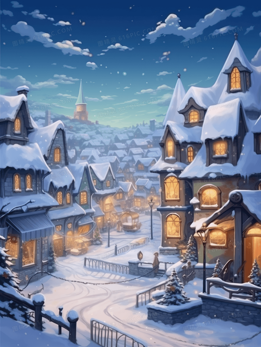 唯美冬季雪天雪地雪景插画