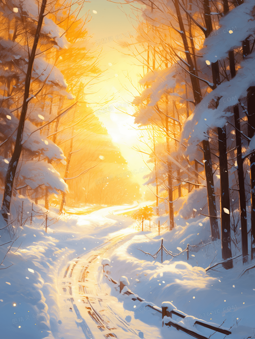 唯美冬季雪天雪地雪景插画