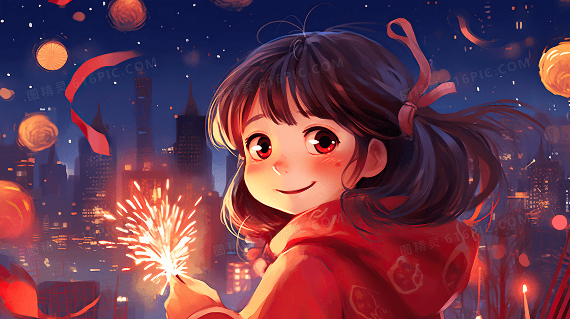 卡通2024龙年新年女孩过年插画
