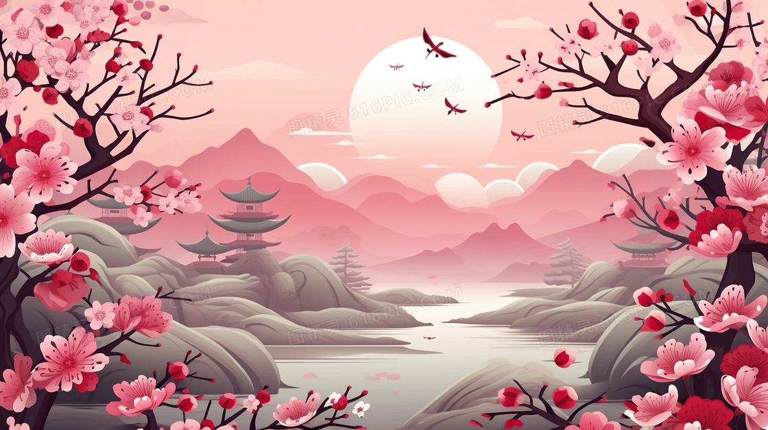 粉色梅花古风山水风景插画    