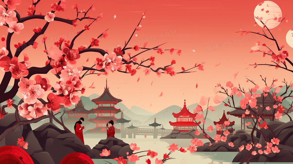 红色梅花古风山水风景插画    