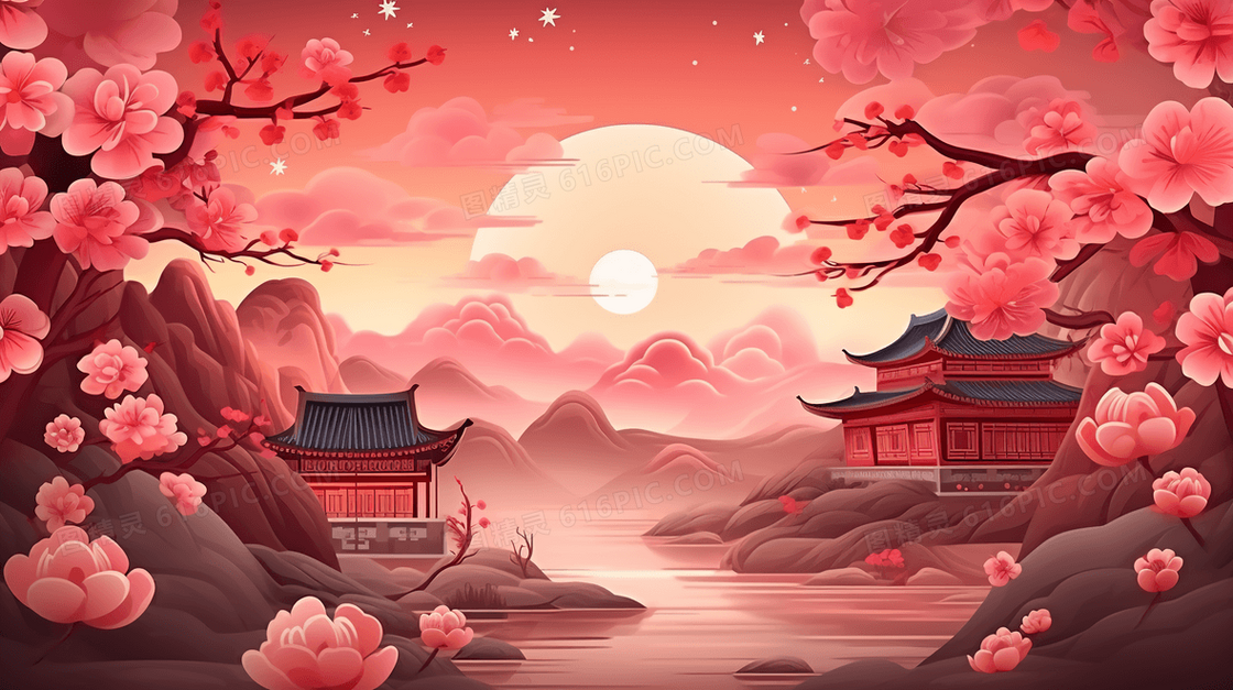 粉色梅花古风山水建筑风景插画    