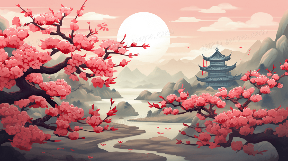 粉色梅花古风山水风景插画    