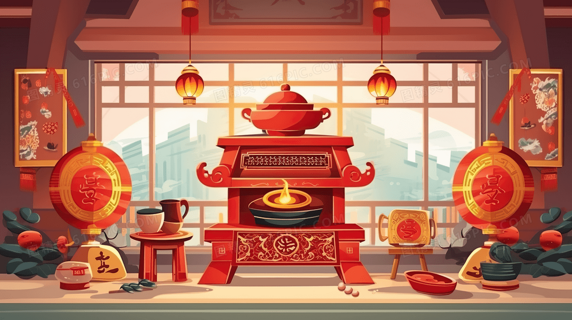 卡通2024龙年新年场景室内炉火插画