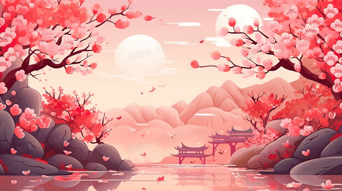 粉色梅花古风山水风景插画    