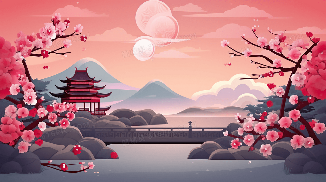 粉色梅花古风山水建筑风景插画    