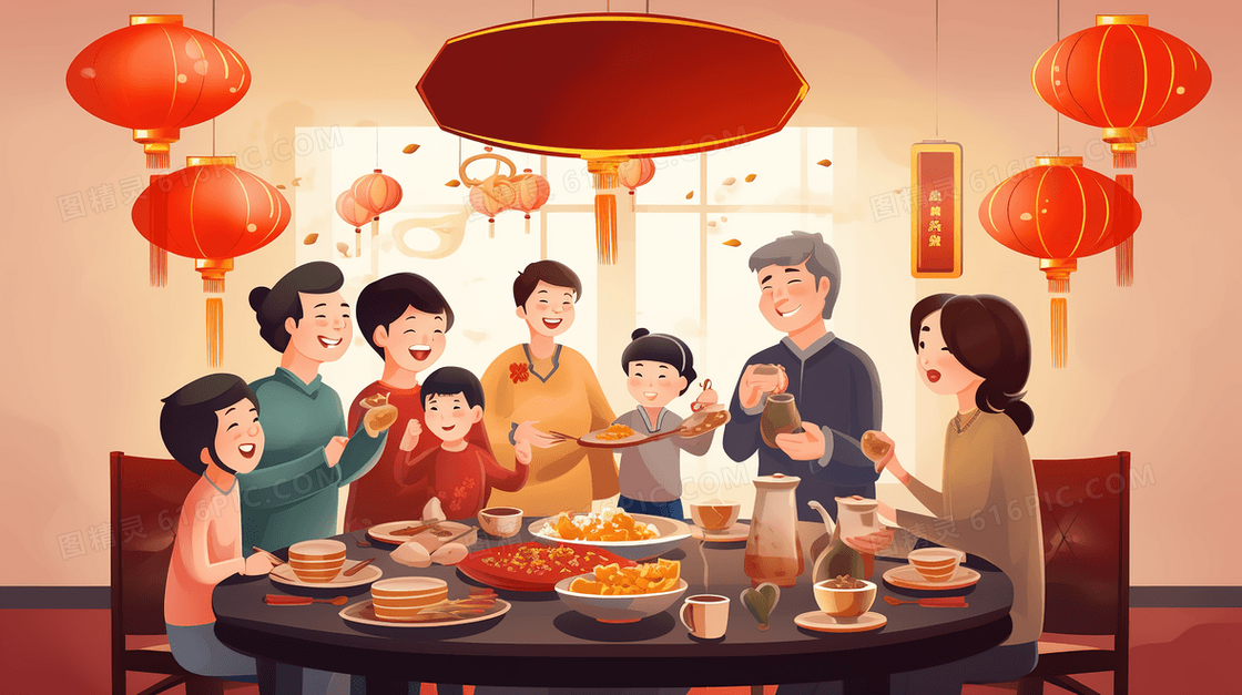 春节一家人围桌吃年夜饭插画