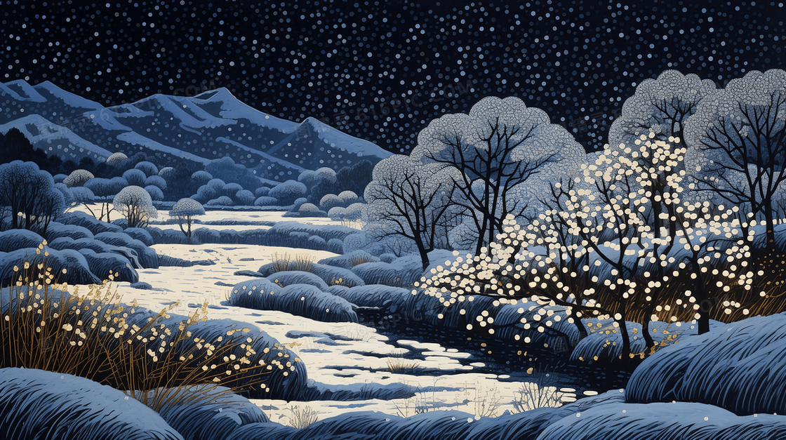 冬季山涧林地唯美夜景插画