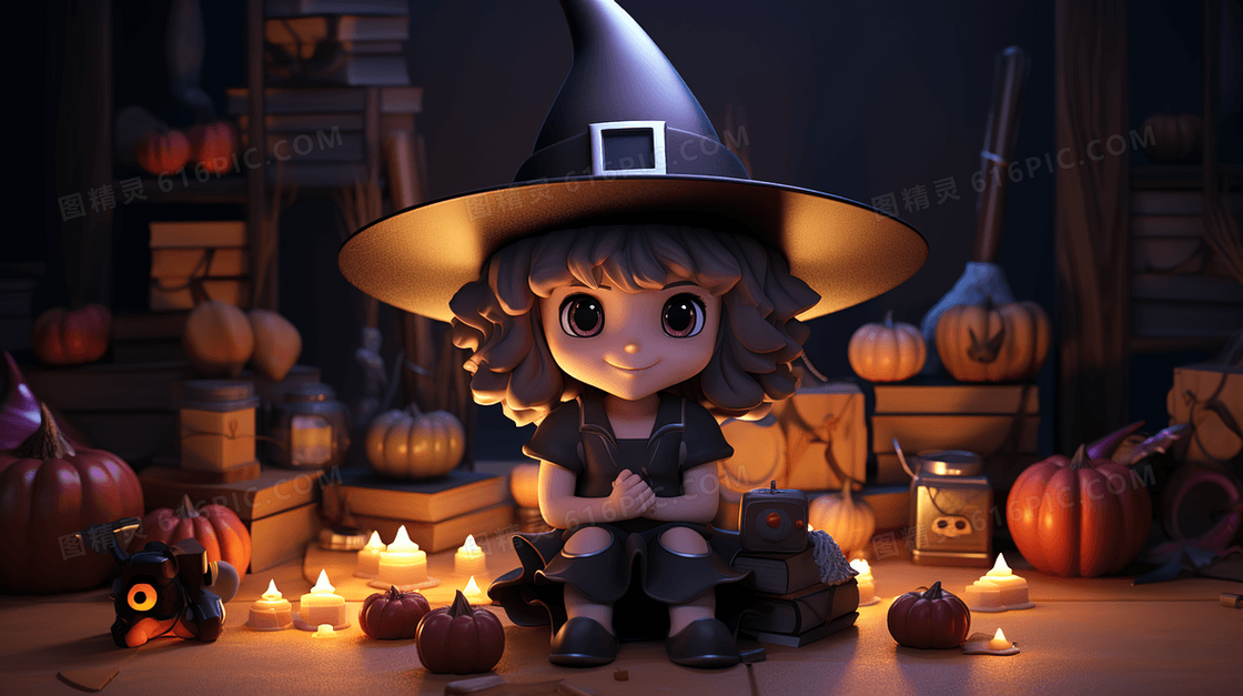 一个坐着书架前的女巫3D插画