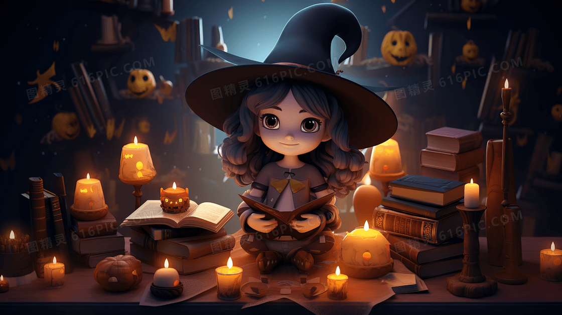 一个坐着书架前的女巫3D插画