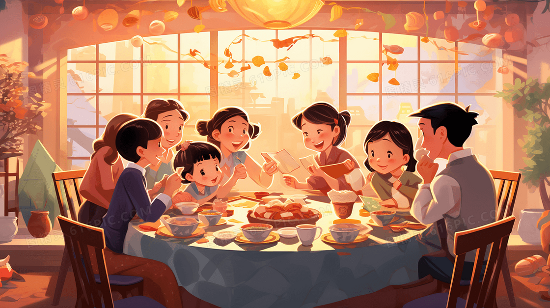 春节一家人围桌吃年夜饭插画