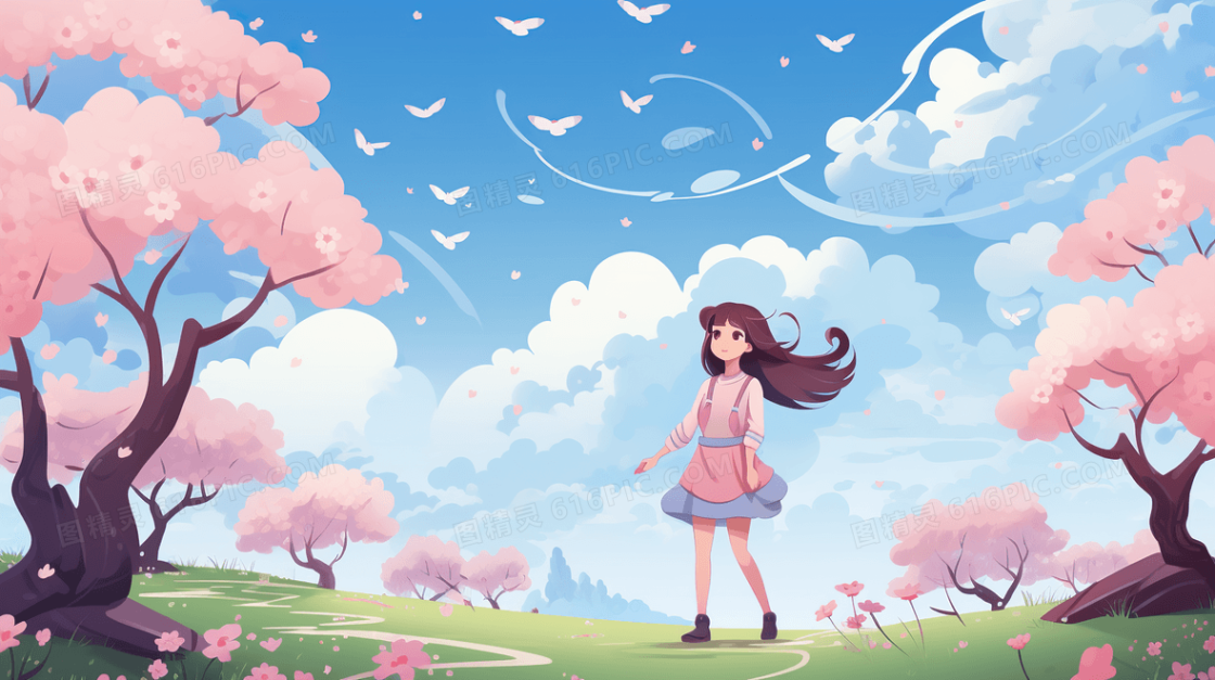 唯美春天女孩风景文艺春季插画