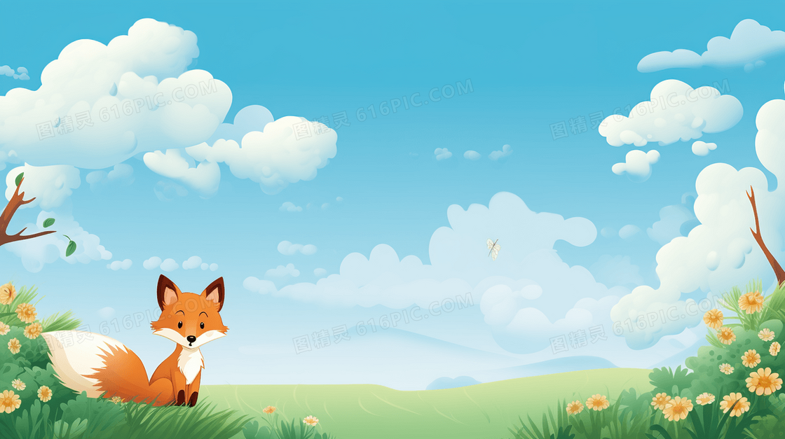 唯美春天草地上的小狐狸插画