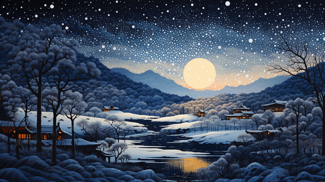 冬季山涧林地唯美夜景插画