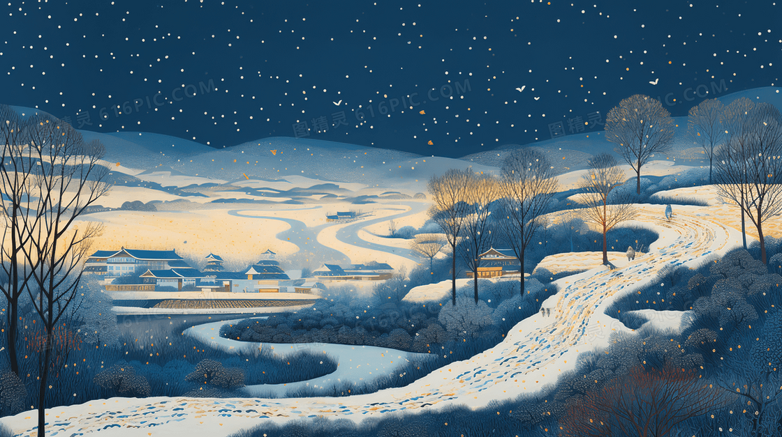 冬季山涧林地唯美夜景插画