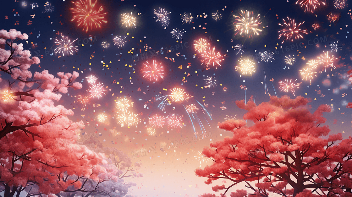 春节鲜花与夜空中的烟花插画