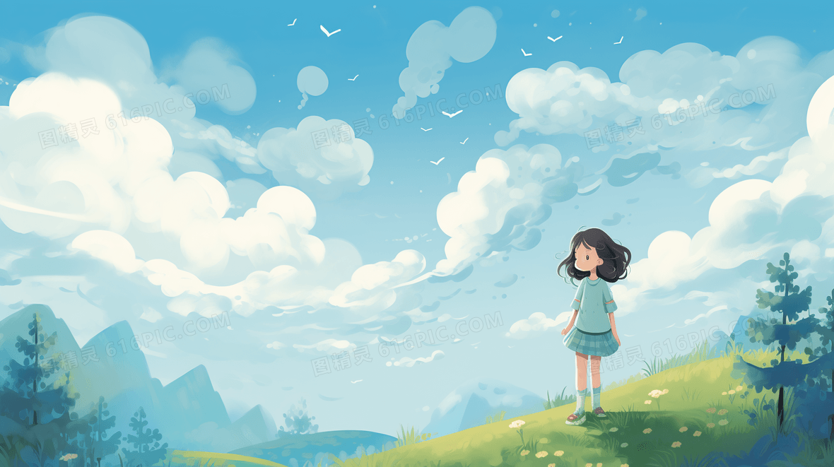 唯美春天女孩风景文艺春季插画背景图片下载_2912x1632像素JPG格式_编号