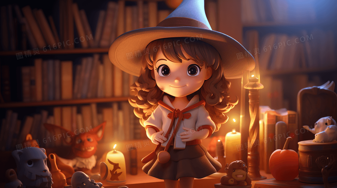 一个坐着书架前的女巫3D插画