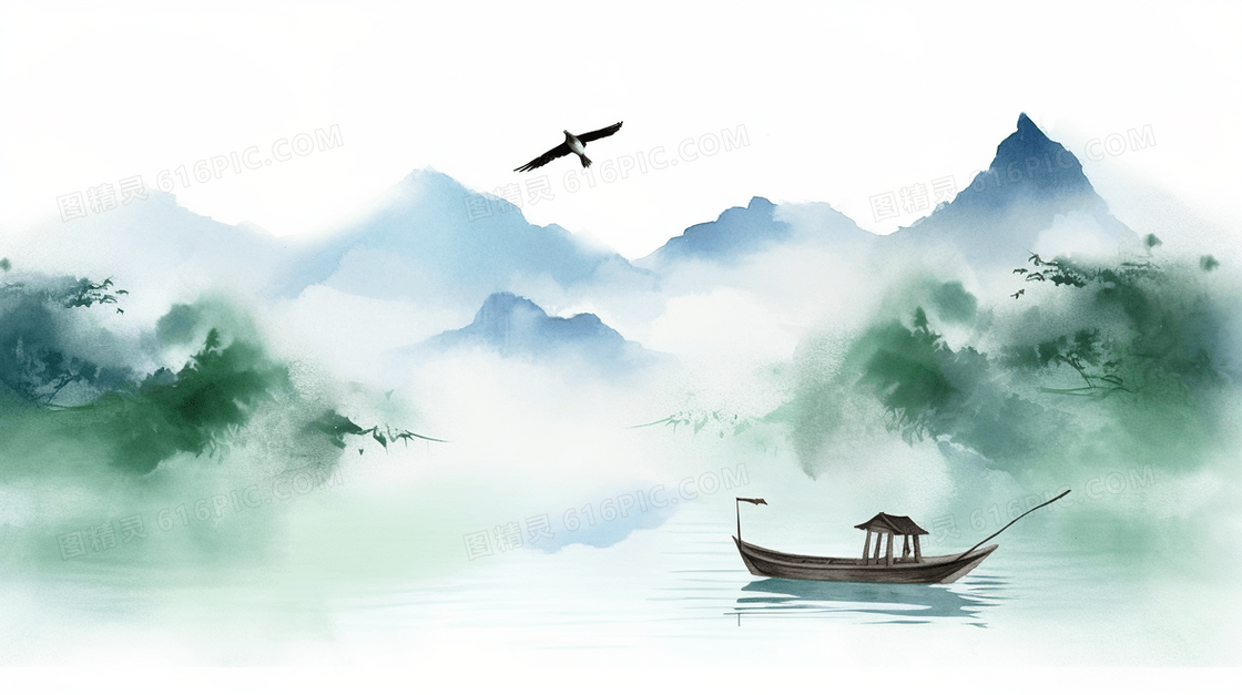 绿色唯美春天中国风山水风景文艺春季插画