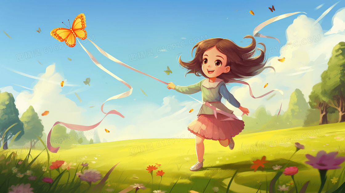 唯美春天女孩在草地上放风筝插画