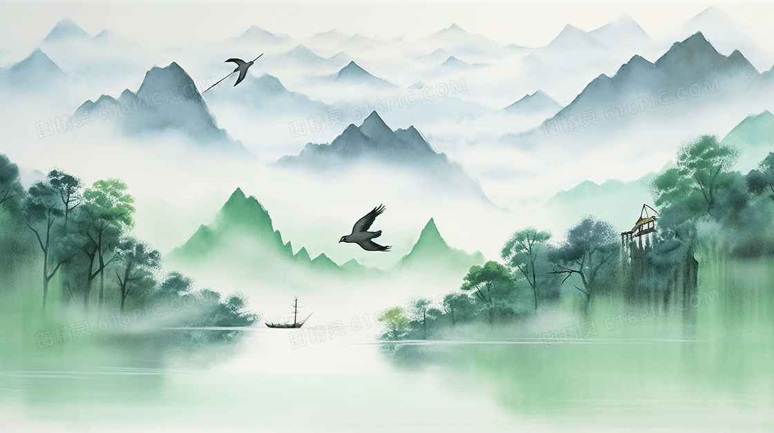 绿色唯美春天中国风山水风景文艺春季插画