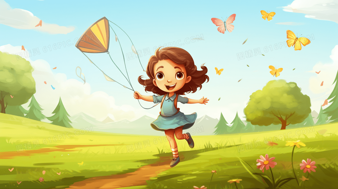 唯美春天女孩在草地上放风筝插画