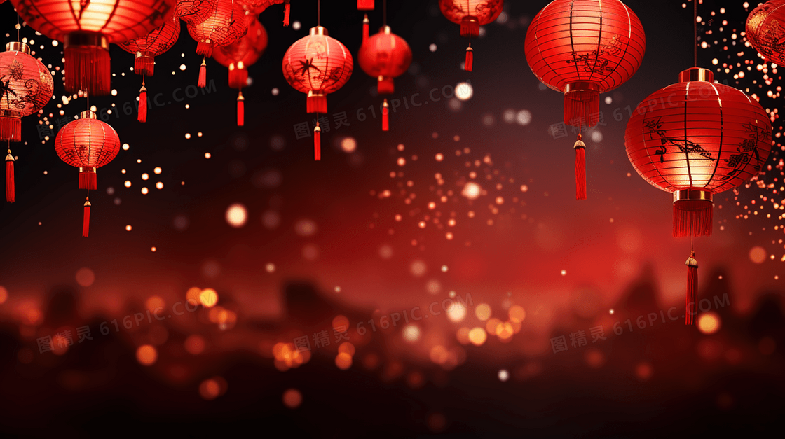喜庆的中国古镇挂满红色灯笼新年插画