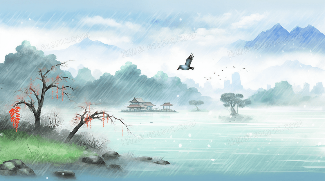 绿色唯美春天中国风山水风景文艺春季插画