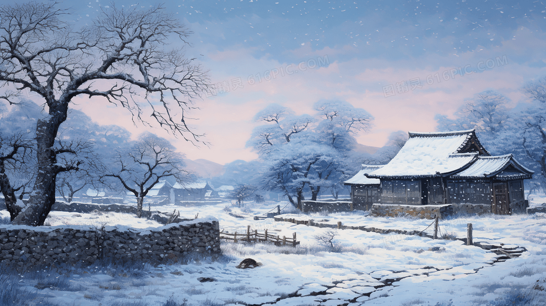 冬季中国小村庄土坯房雪景插画