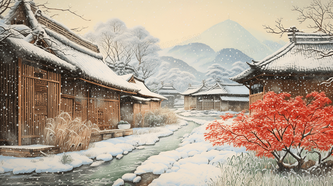 冬季中国小村庄土坯房雪景插画