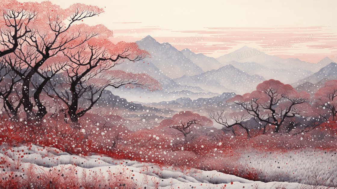 冬季大山红树林唯美雪景插画