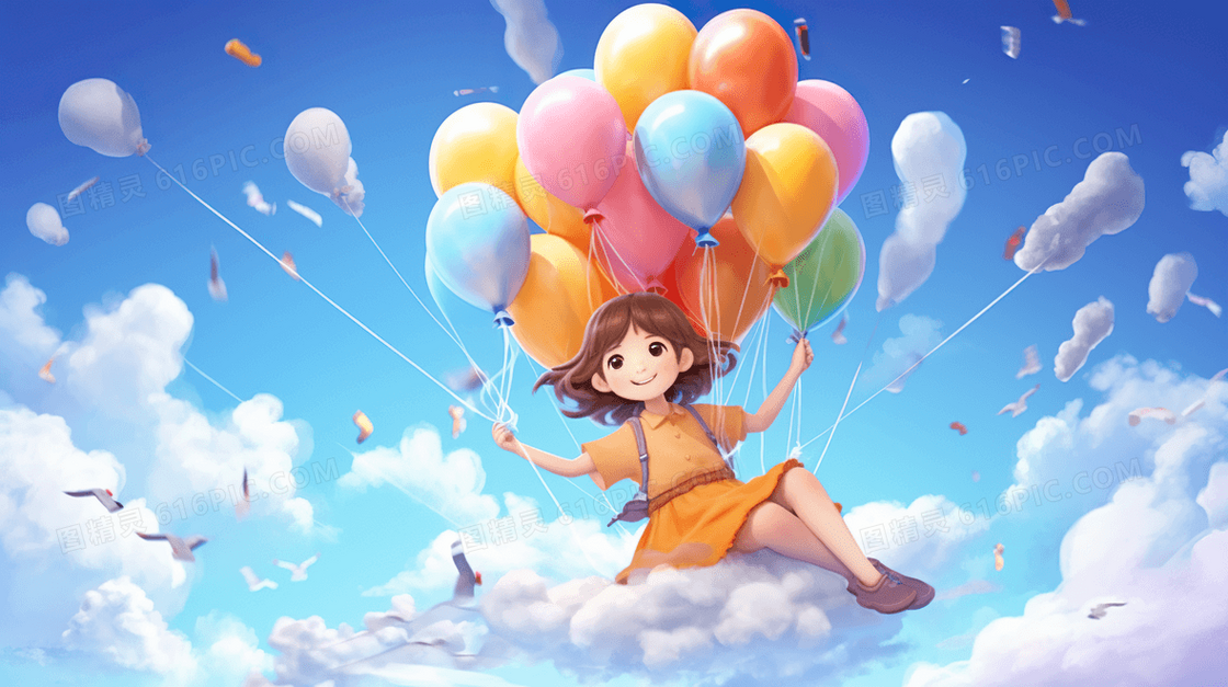 儿童节世界儿童日蓝天白云儿童气球卡通插画