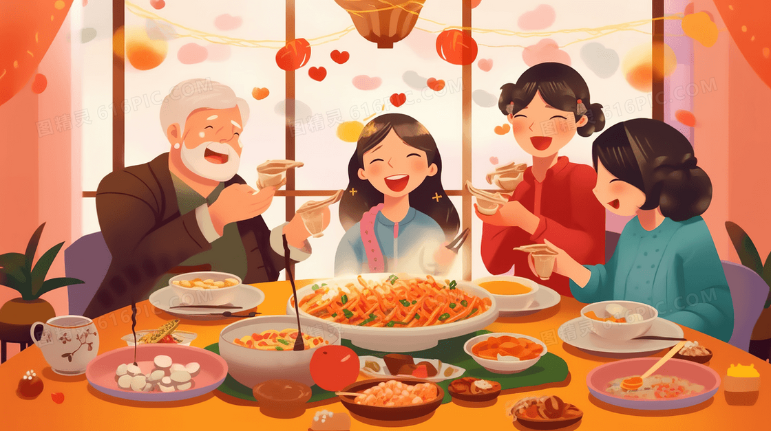 春节餐桌上一起享用年夜饭的一家人插画