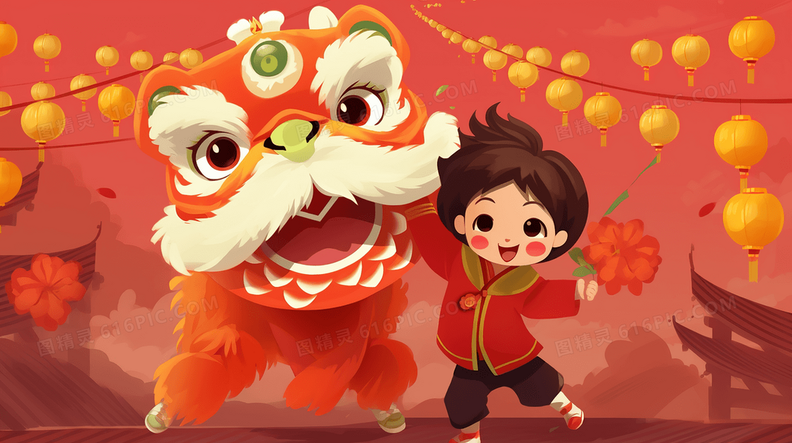 春节庆典的小孩和醒狮插画