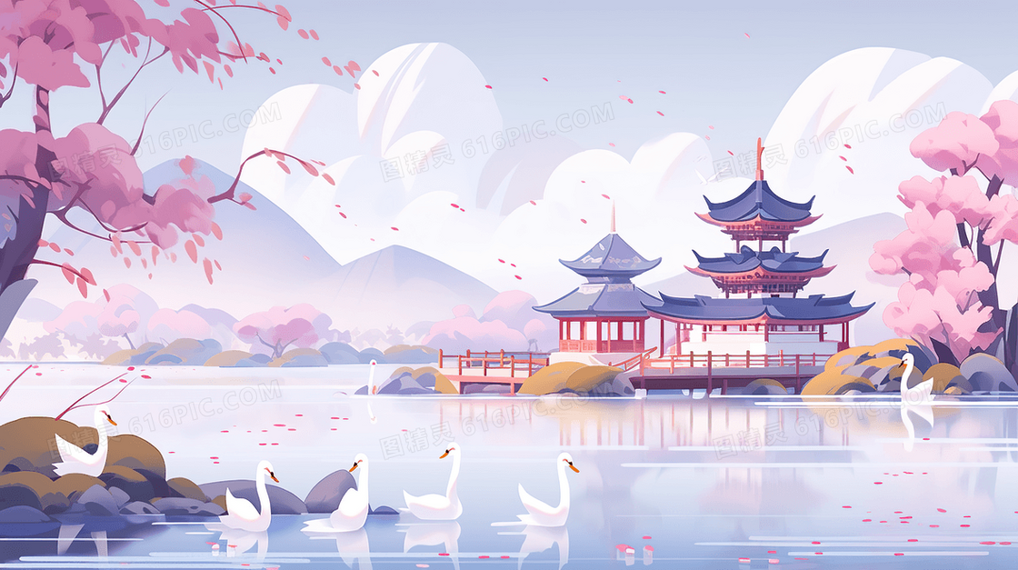 中式古典建筑风景插画