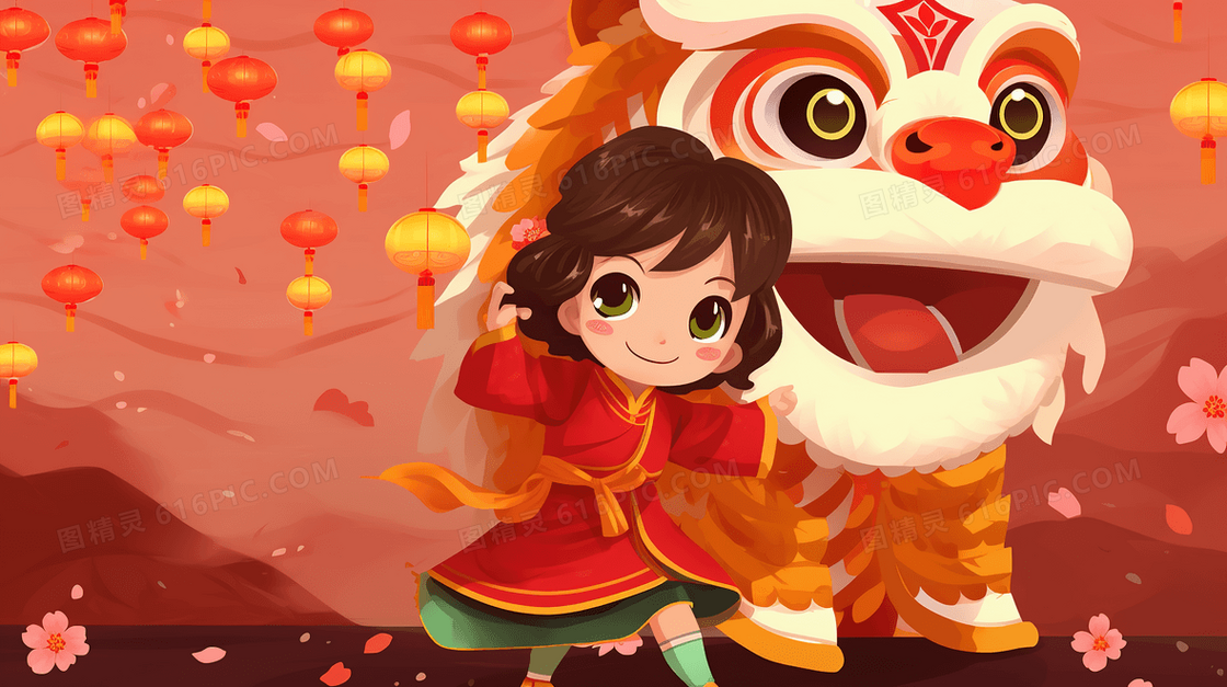 春节庆典的小孩和醒狮插画