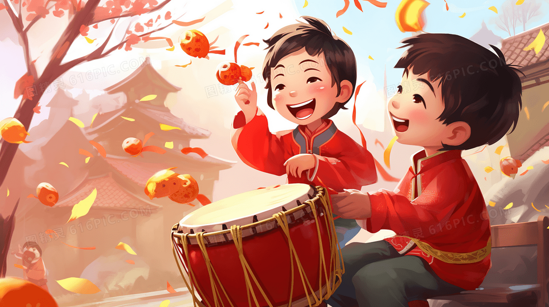 春节假期里一起敲鼓玩耍的孩子们插画