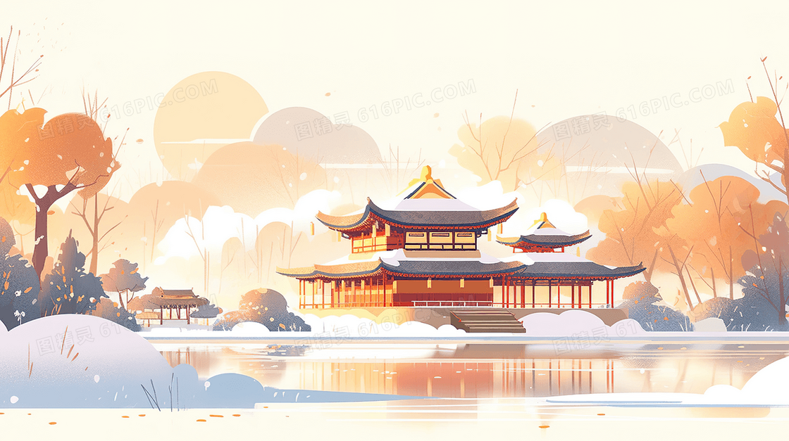 中式古典建筑风景插画